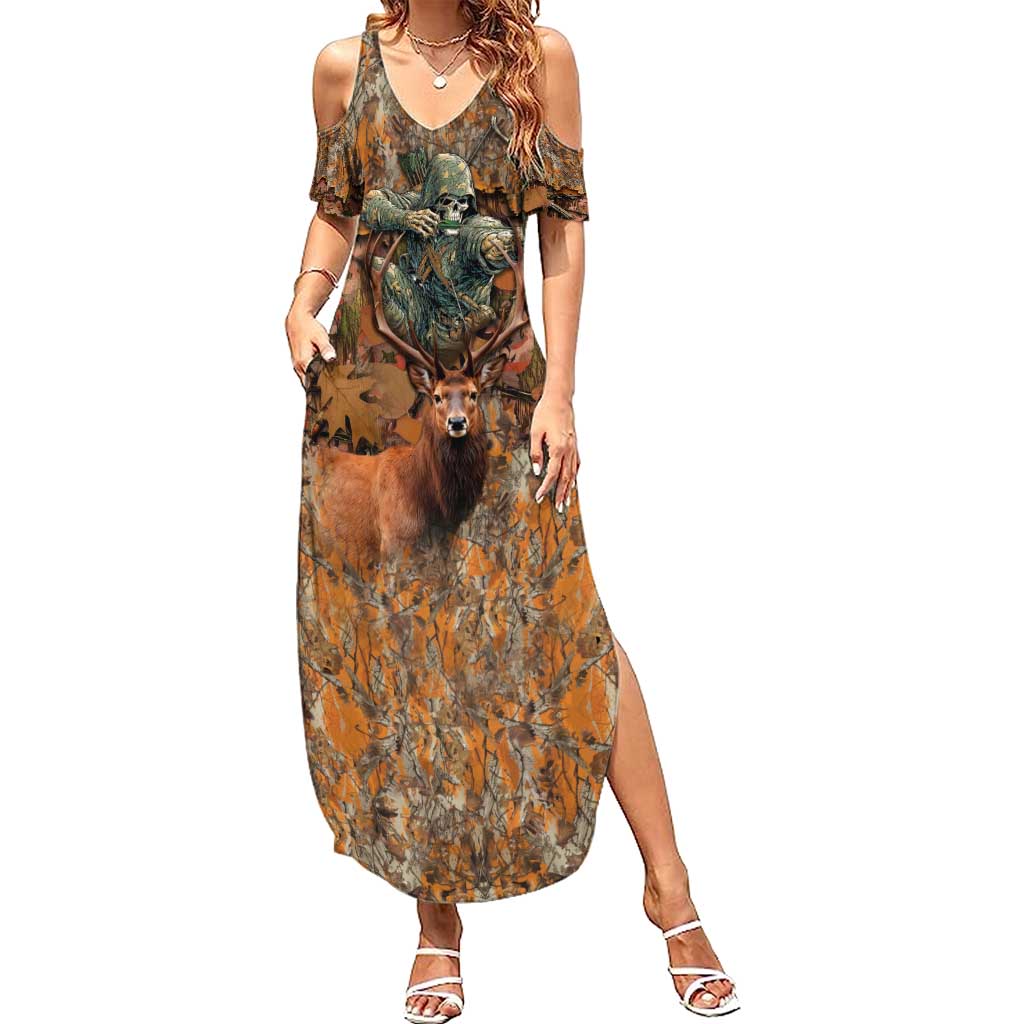 Custom Deer Hunting Summer Maxi Dress Big Game Camo Forest Design and Skeleton Archer - Wonder Print Shop
