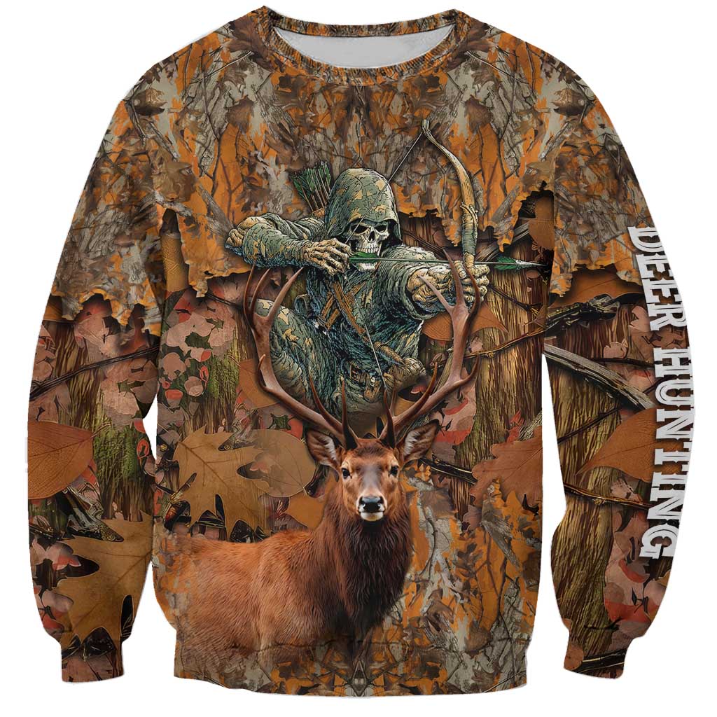 Custom Deer Hunting Sweatshirt Big Game Camo Forest Design and Skeleton Archer - Wonder Print Shop