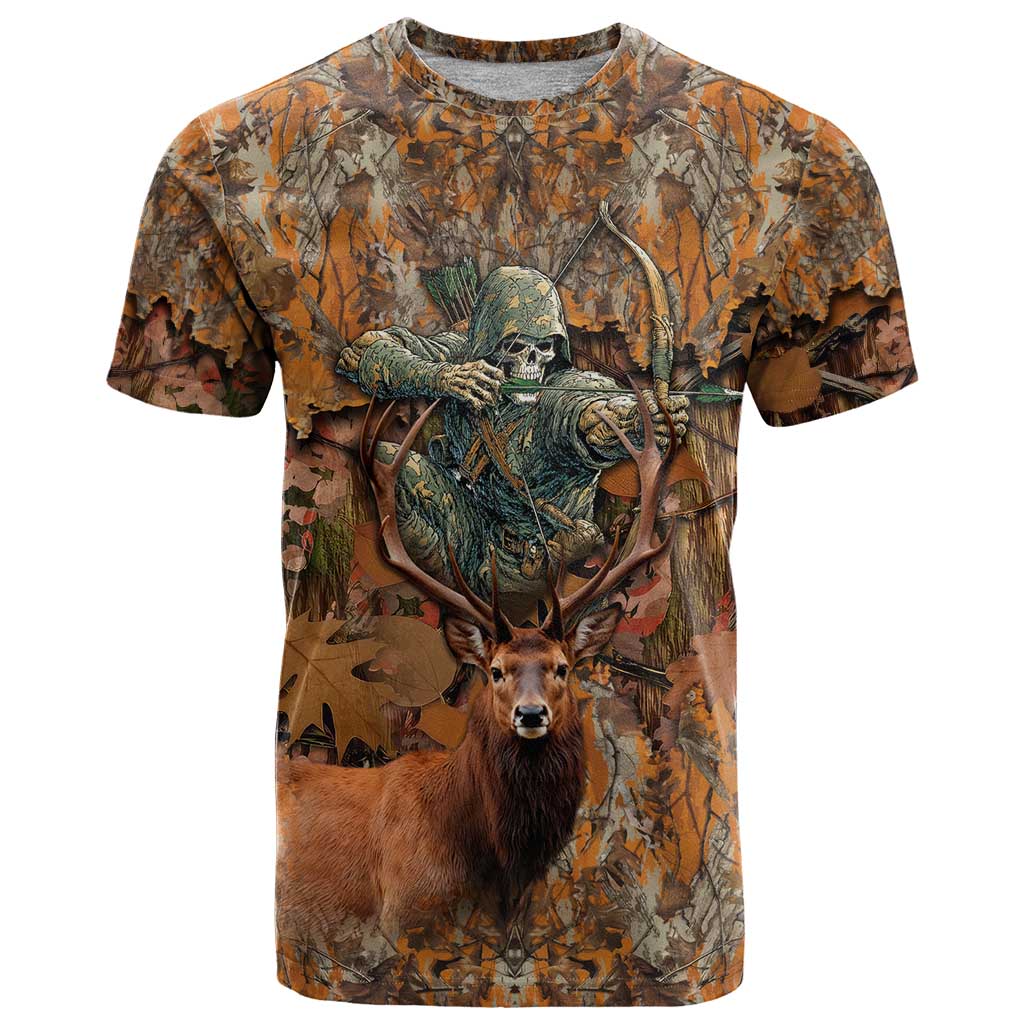 Custom Deer Hunting T Shirt Big Game Camo Forest Design and Skeleton Archer - Wonder Print Shop