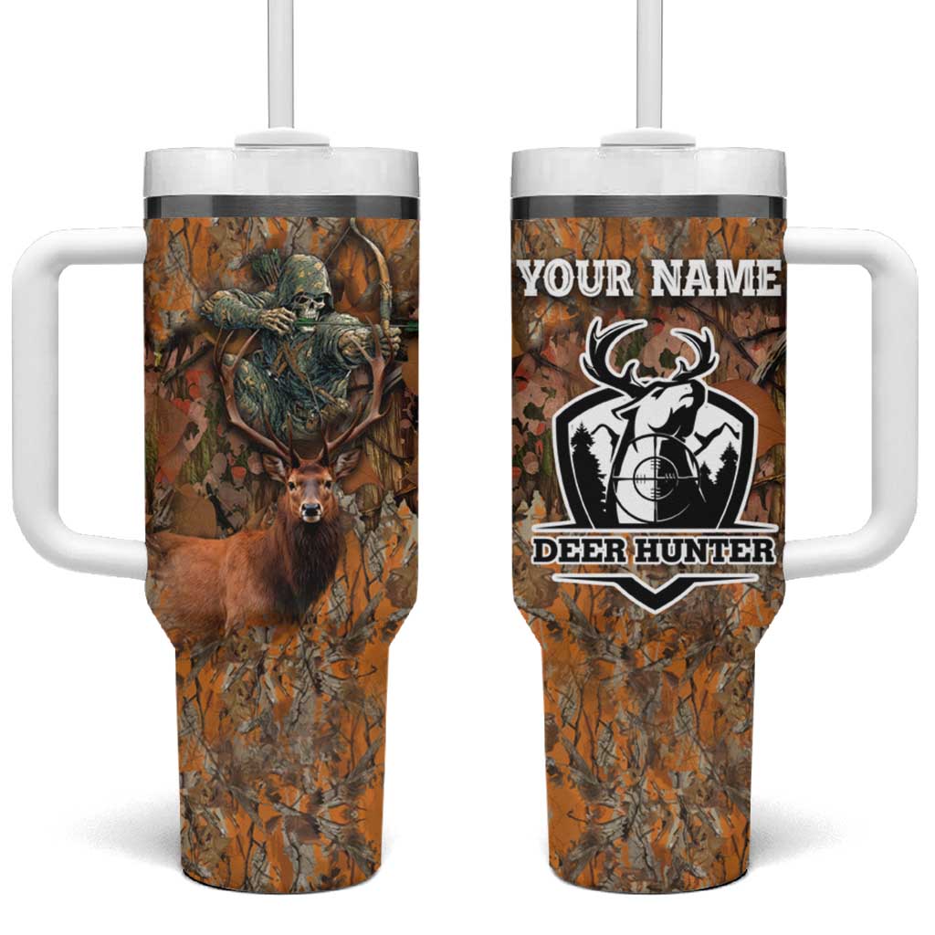 Custom Deer Hunting Tumbler With Handle Big Game Camo Forest Design and Skeleton Archer - Wonder Print Shop