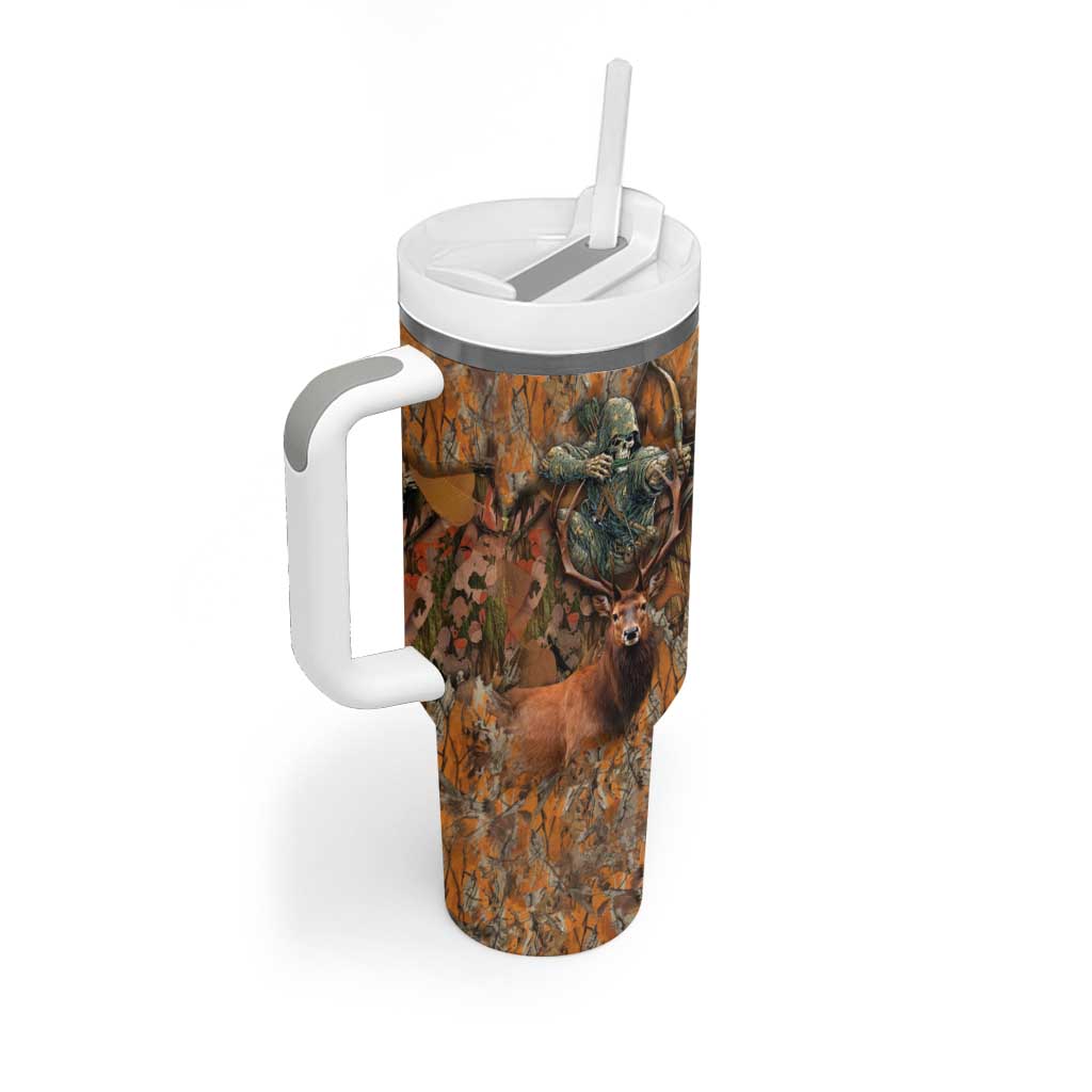 Custom Deer Hunting Tumbler With Handle Big Game Camo Forest Design and Skeleton Archer - Wonder Print Shop