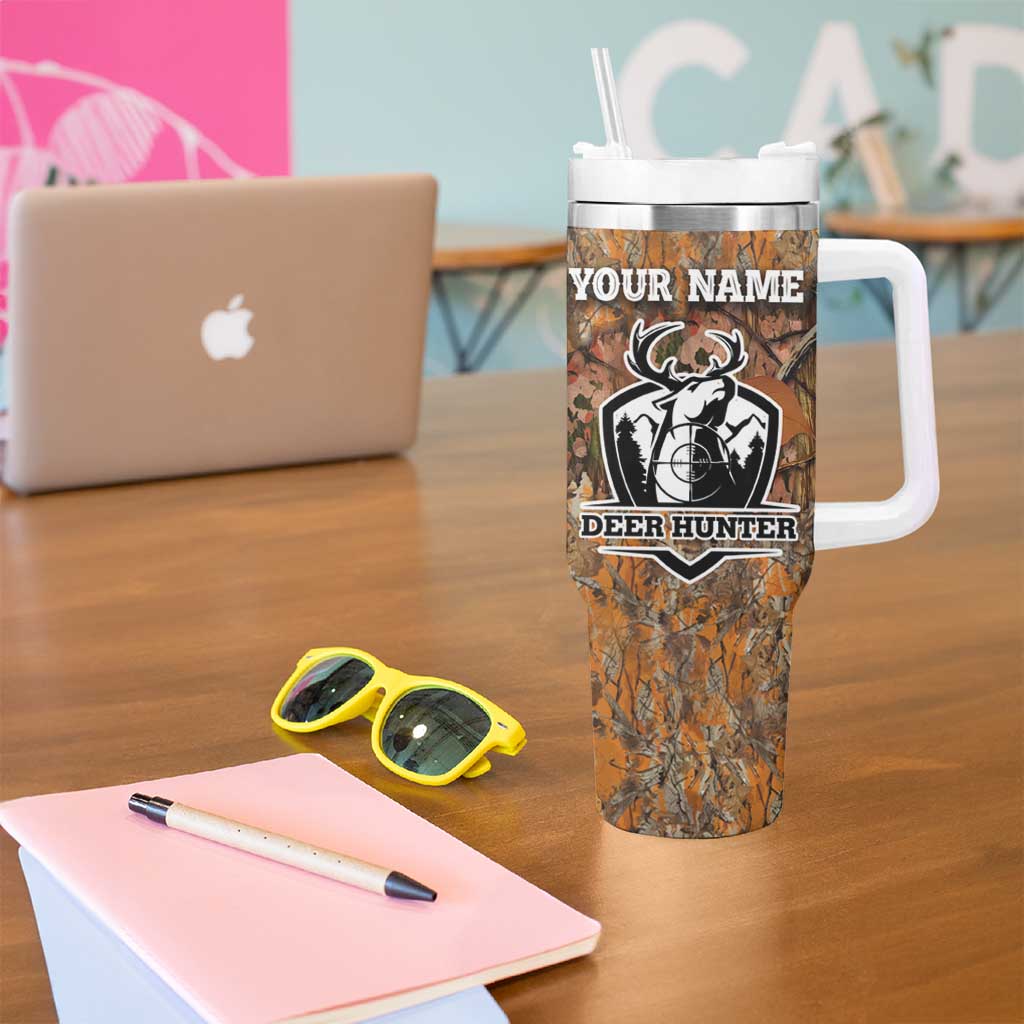 Custom Deer Hunting Tumbler With Handle Big Game Camo Forest Design and Skeleton Archer - Wonder Print Shop