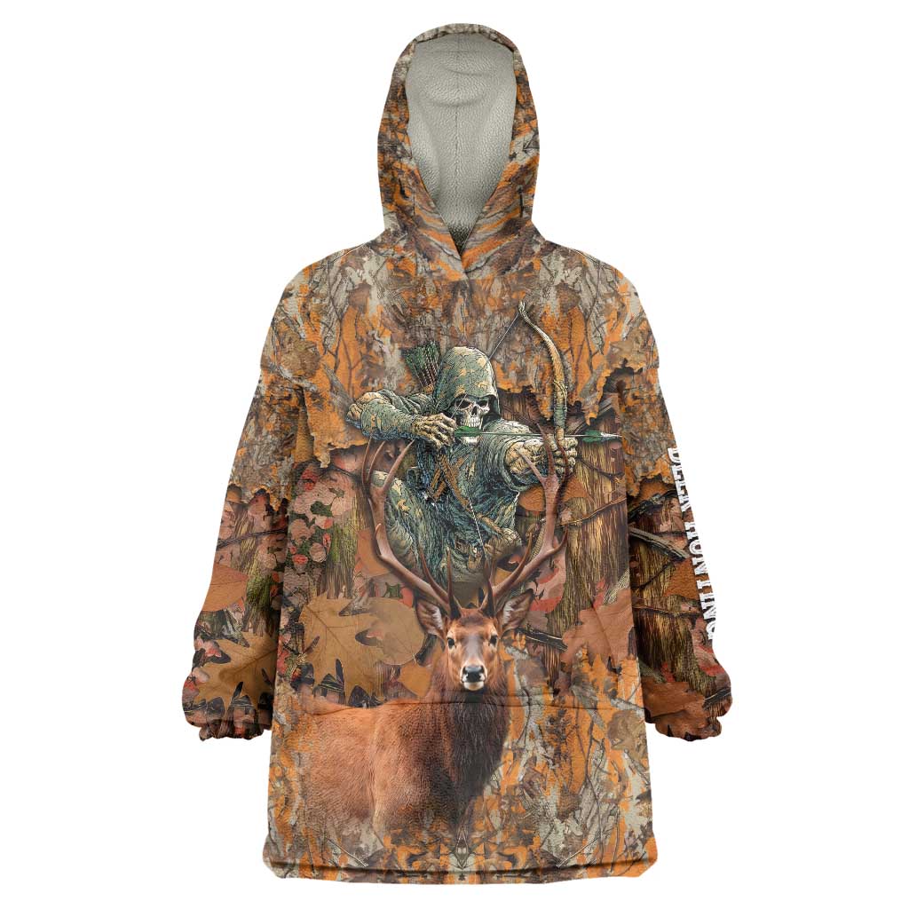 Custom Deer Hunting Wearable Blanket Hoodie Big Game Camo Forest Design and Skeleton Archer - Wonder Print Shop