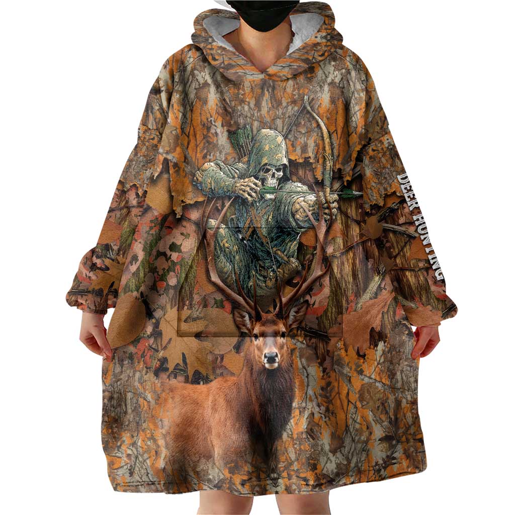 Custom Deer Hunting Wearable Blanket Hoodie Big Game Camo Forest Design and Skeleton Archer - Wonder Print Shop