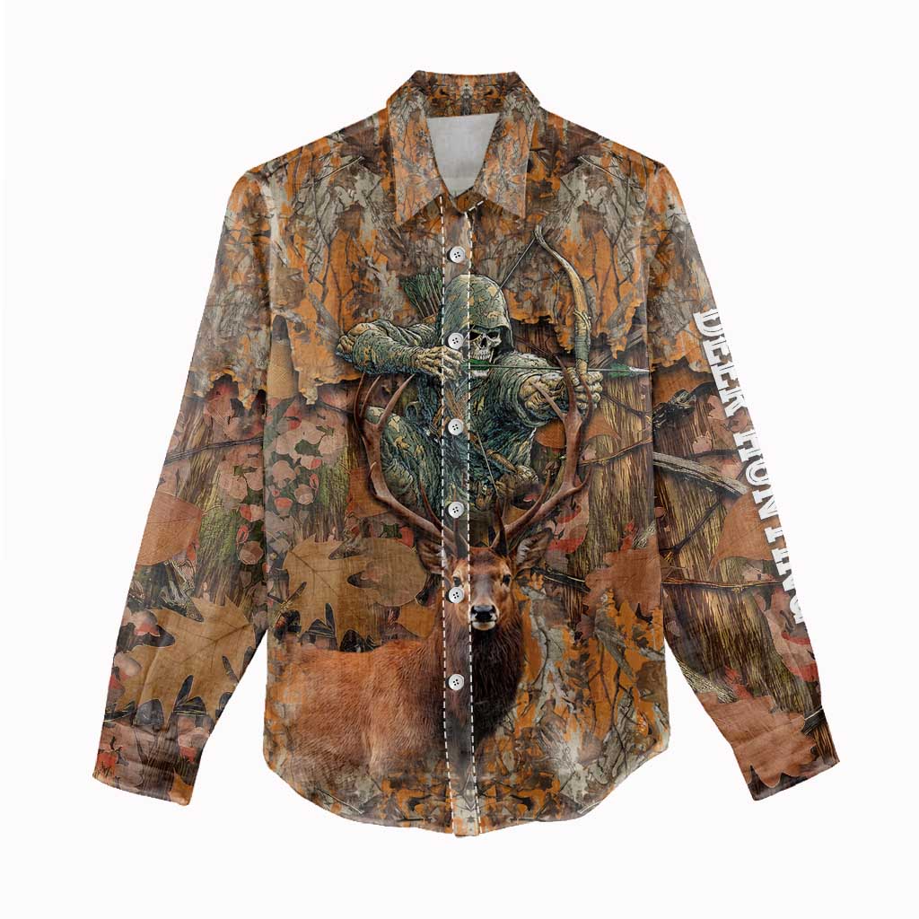 Custom Deer Hunting Women Casual Shirt Big Game Camo Forest Design and Skeleton Archer - Wonder Print Shop