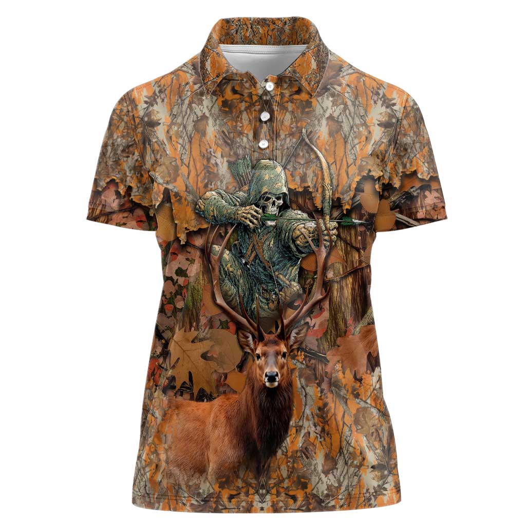 Custom Deer Hunting Women Polo Shirt Big Game Camo Forest Design and Skeleton Archer - Wonder Print Shop