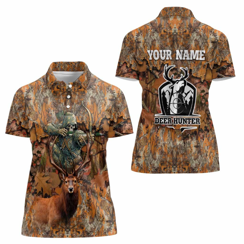 Custom Deer Hunting Women Polo Shirt Big Game Camo Forest Design and Skeleton Archer - Wonder Print Shop