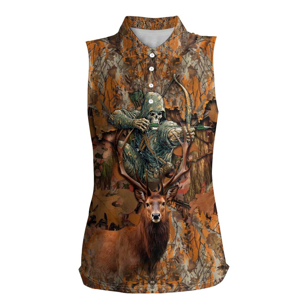 Custom Deer Hunting Women Sleeveless Polo Shirt Big Game Camo Forest Design and Skeleton Archer - Wonder Print Shop