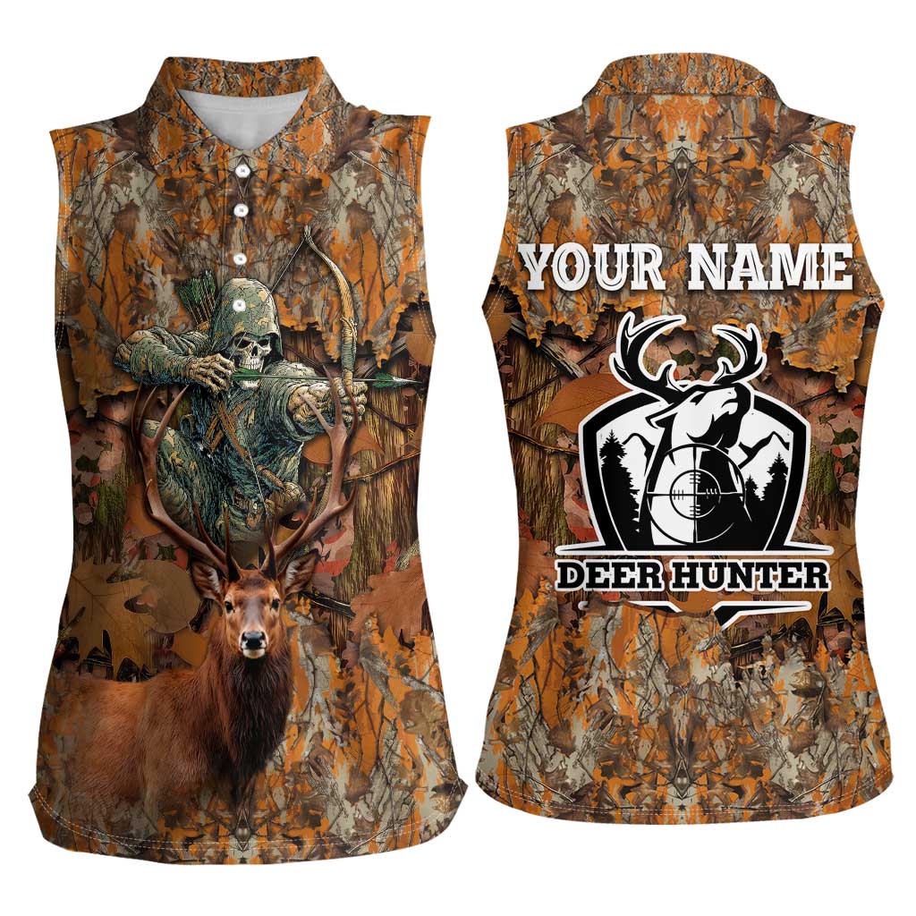 Custom Deer Hunting Women Sleeveless Polo Shirt Big Game Camo Forest Design and Skeleton Archer - Wonder Print Shop