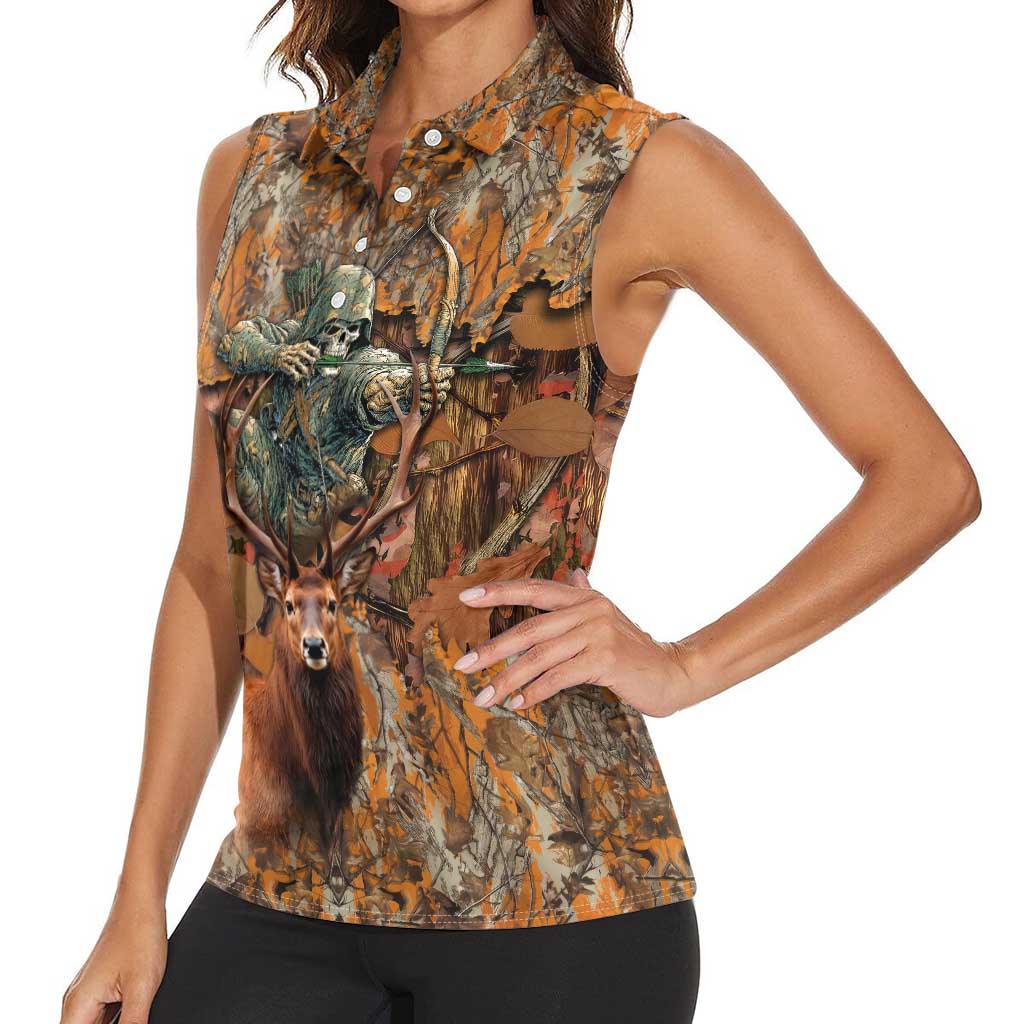 Custom Deer Hunting Women Sleeveless Polo Shirt Big Game Camo Forest Design and Skeleton Archer - Wonder Print Shop