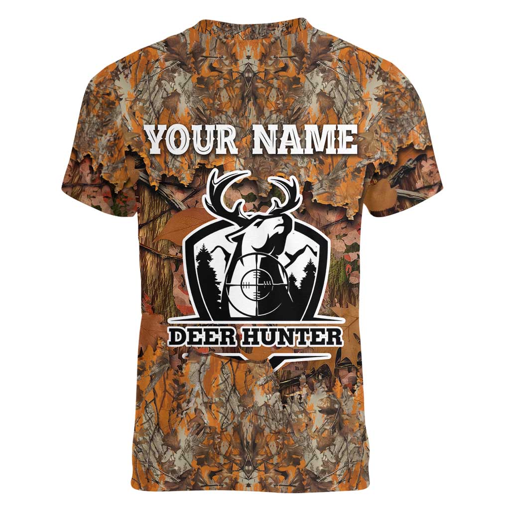 Custom Deer Hunting Women V-Neck T-Shirt Big Game Camo Forest Design and Skeleton Archer - Wonder Print Shop