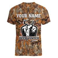 Custom Deer Hunting Women V-Neck T-Shirt Big Game Camo Forest Design and Skeleton Archer - Wonder Print Shop