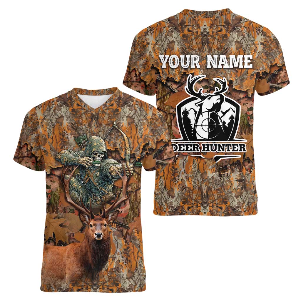 Custom Deer Hunting Women V-Neck T-Shirt Big Game Camo Forest Design and Skeleton Archer - Wonder Print Shop