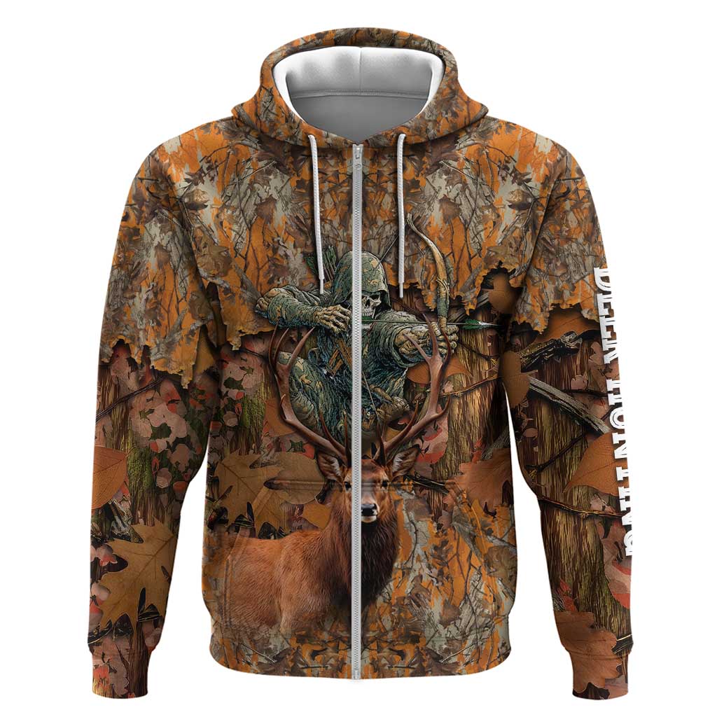 Custom Deer Hunting Zip Hoodie Big Game Camo Forest Design and Skeleton Archer - Wonder Print Shop
