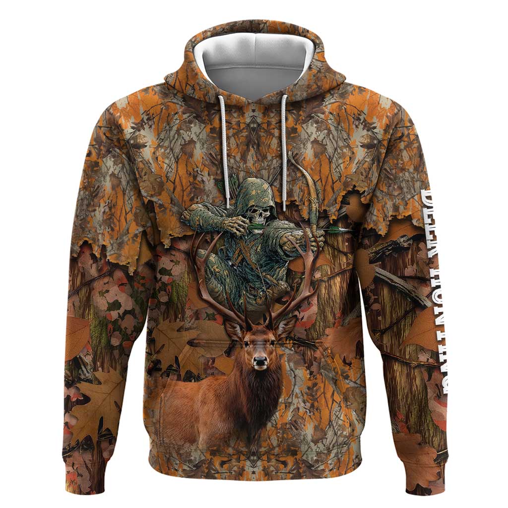 Custom Deer Hunting Zip Hoodie Big Game Camo Forest Design and Skeleton Archer - Wonder Print Shop