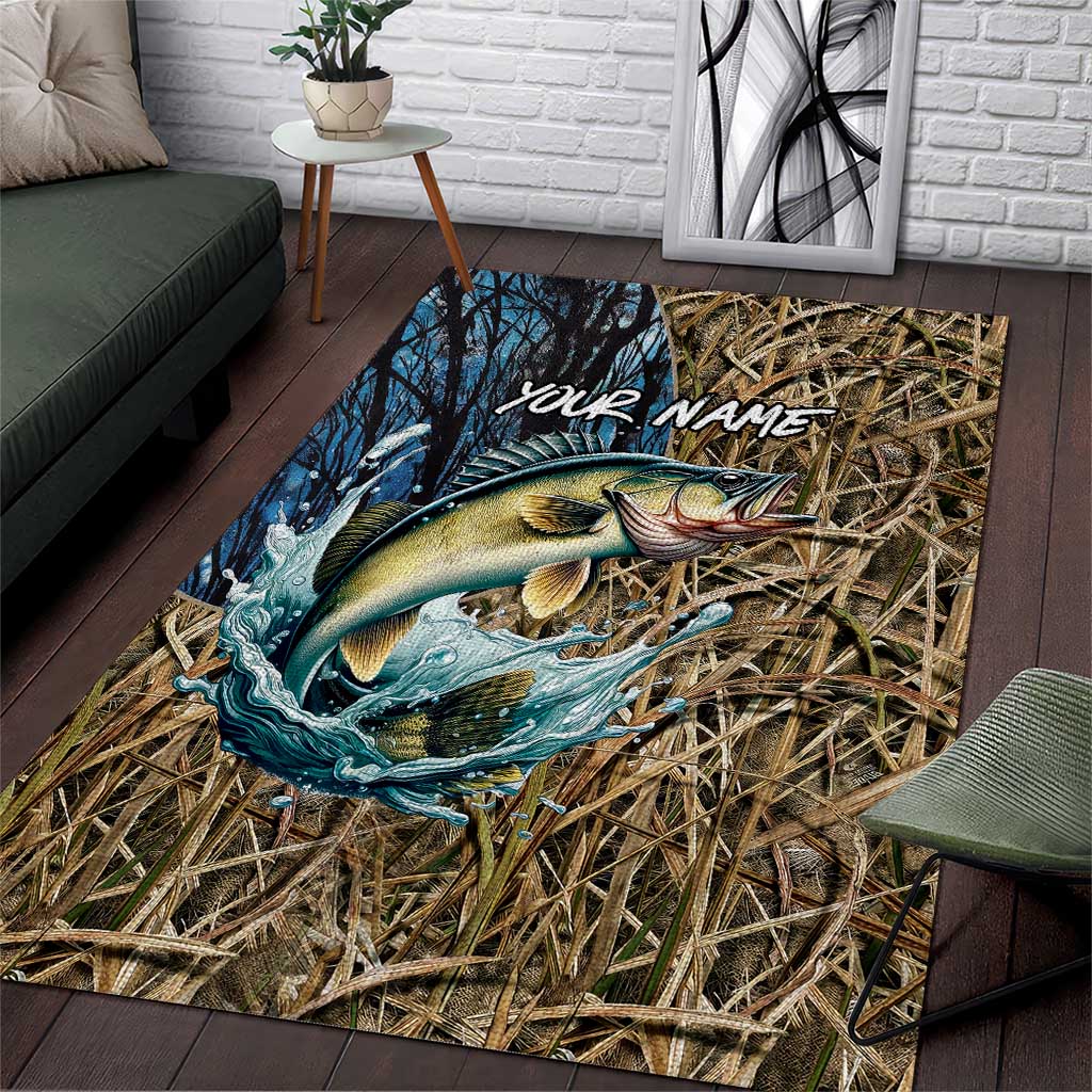 Personalized Walleye Splash Area Rug Camo Reeds and Night Forest Fishing Theme - Wonder Print Shop