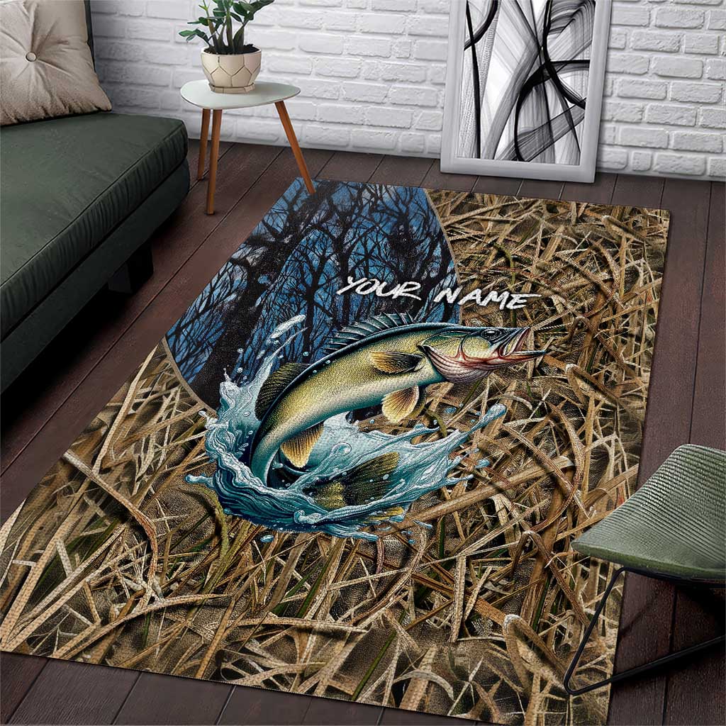 Personalized Walleye Splash Area Rug Camo Reeds and Night Forest Fishing Theme TS04