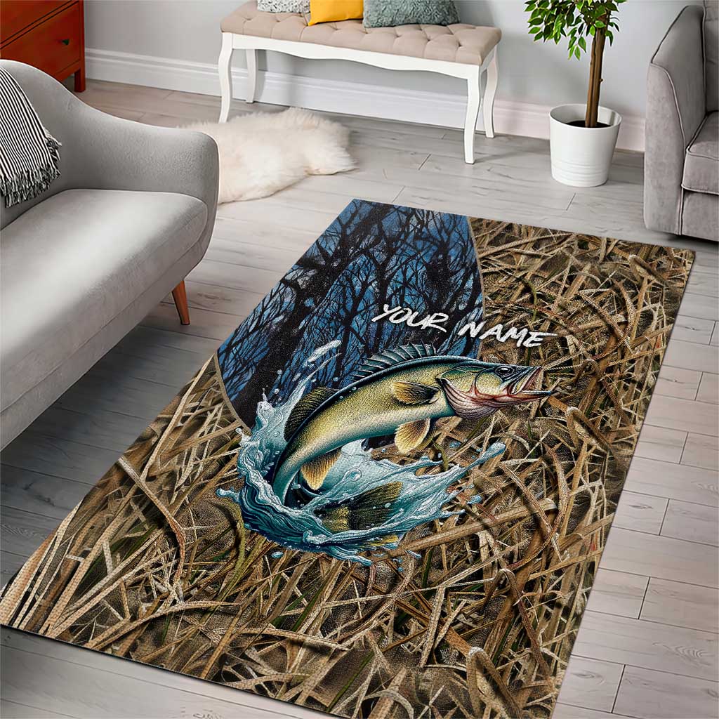 Personalized Walleye Splash Area Rug Camo Reeds and Night Forest Fishing Theme TS04