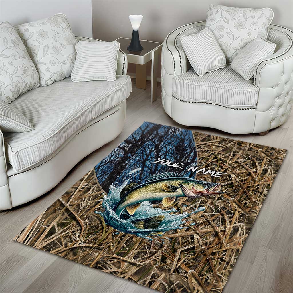 Personalized Walleye Splash Area Rug Camo Reeds and Night Forest Fishing Theme TS04