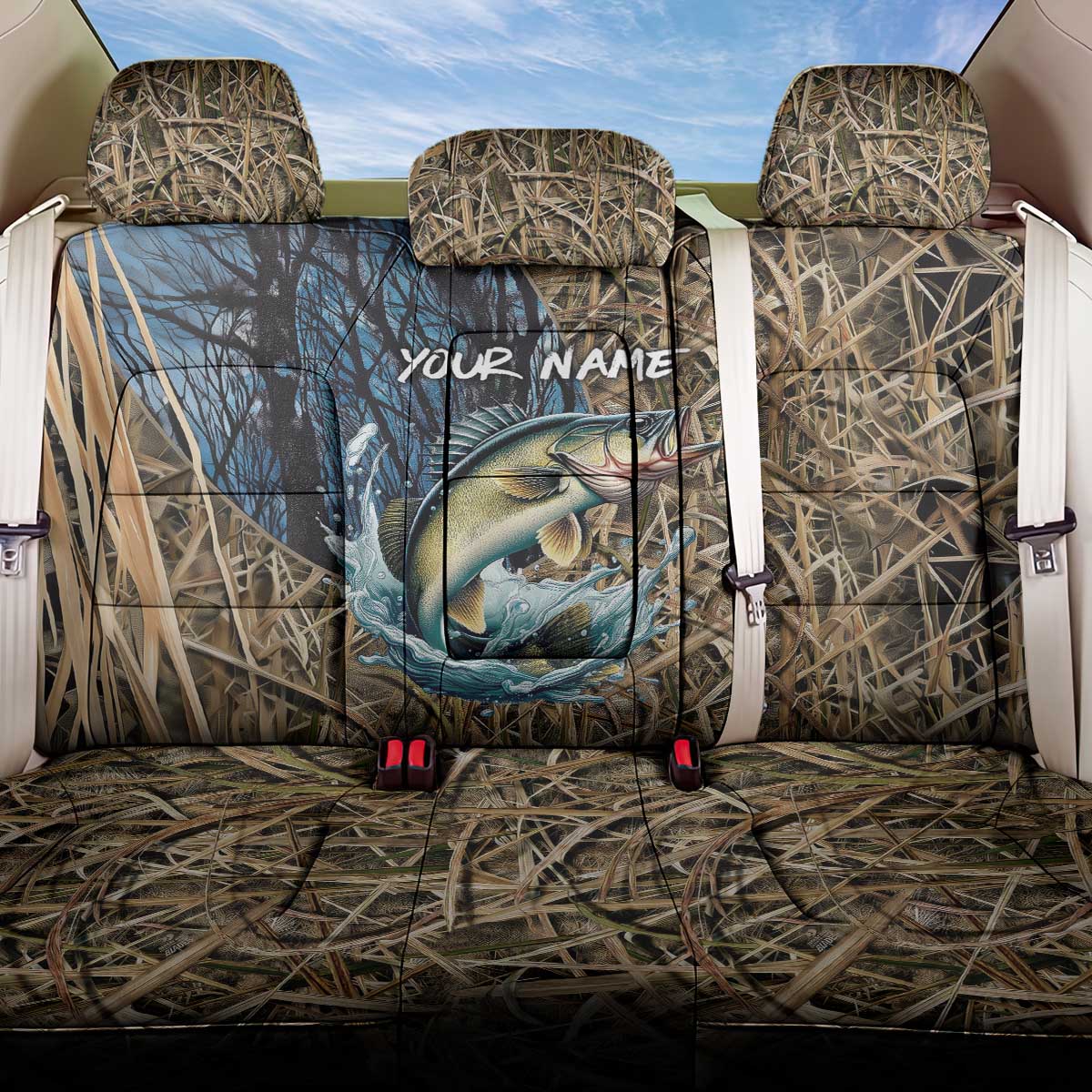 Personalized Walleye Splash Back Car Seat Cover Camo Reeds and Night Forest Fishing Theme TS04