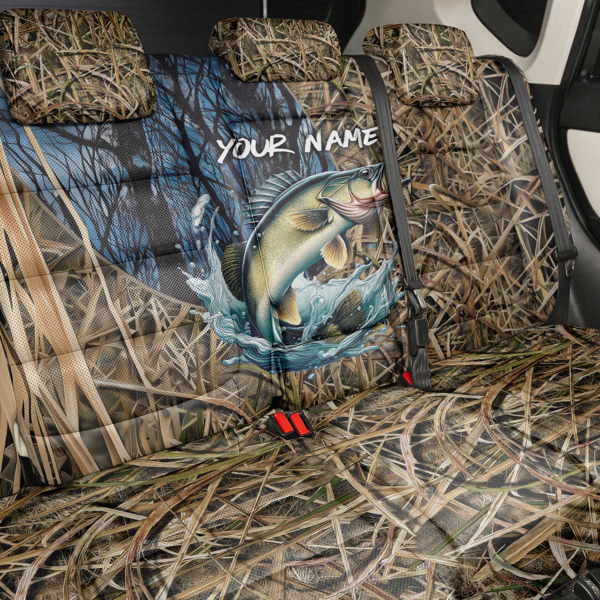 Personalized Walleye Splash Back Car Seat Cover Camo Reeds and Night Forest Fishing Theme TS04