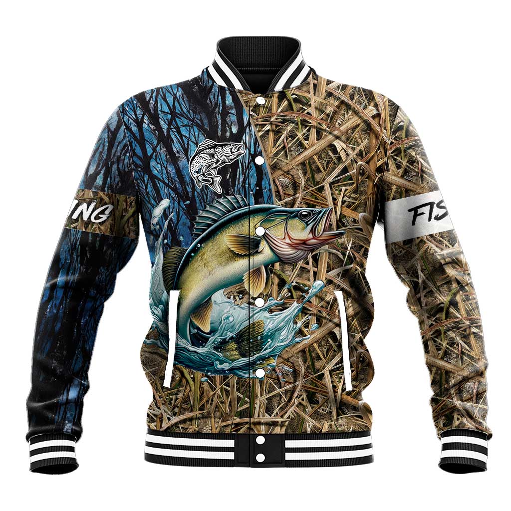 Personalized Walleye Splash Baseball Jacket Camo Reeds and Night Forest Fishing Theme - Wonder Print Shop