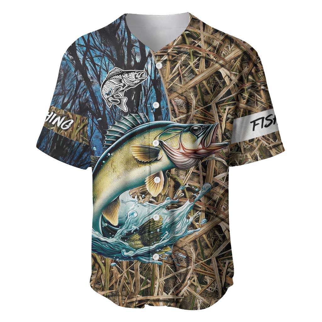 Personalized Walleye Splash Baseball Jersey Camo Reeds and Night Forest Fishing Theme - Wonder Print Shop