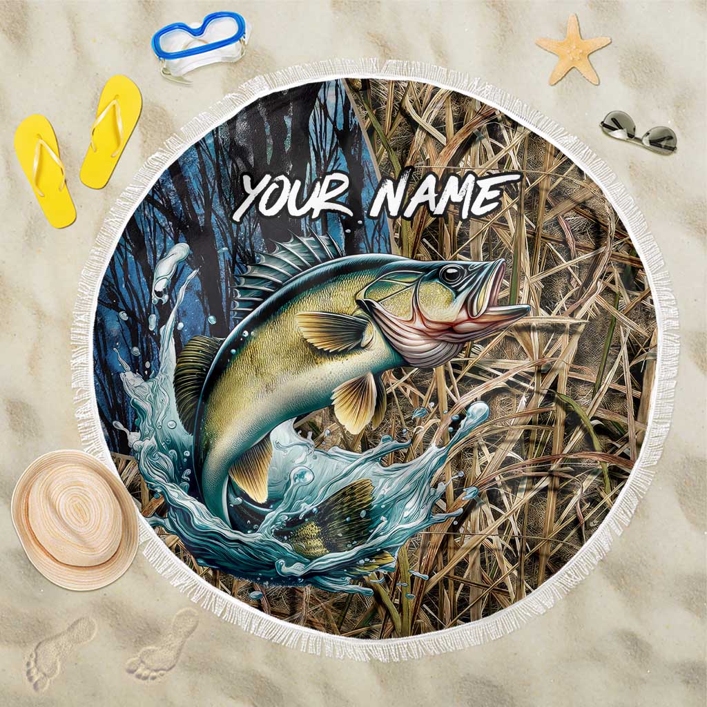 Personalized Walleye Splash Beach Blanket Camo Reeds and Night Forest Fishing Theme - Wonder Print Shop