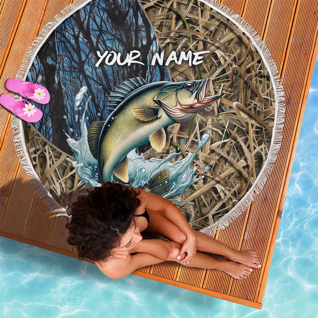 Personalized Walleye Splash Beach Blanket Camo Reeds and Night Forest Fishing Theme TS04
