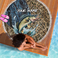Personalized Walleye Splash Beach Blanket Camo Reeds and Night Forest Fishing Theme TS04
