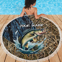 Personalized Walleye Splash Beach Blanket Camo Reeds and Night Forest Fishing Theme TS04