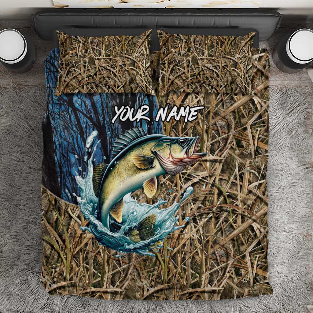 Personalized Walleye Splash Bedding Set Camo Reeds and Night Forest Fishing Theme - Wonder Print Shop