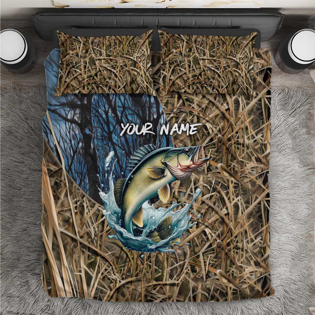 Personalized Walleye Splash Bedding Set Camo Reeds and Night Forest Fishing Theme TS04