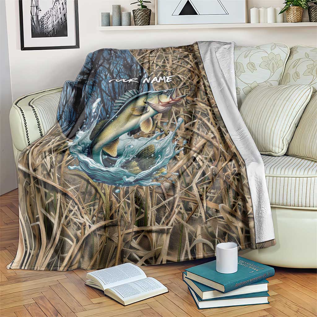 Personalized Walleye Splash Blanket Camo Reeds and Night Forest Fishing Theme TS04