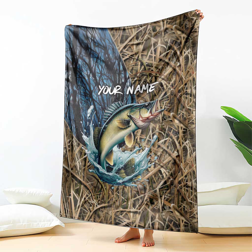 Personalized Walleye Splash Blanket Camo Reeds and Night Forest Fishing Theme TS04