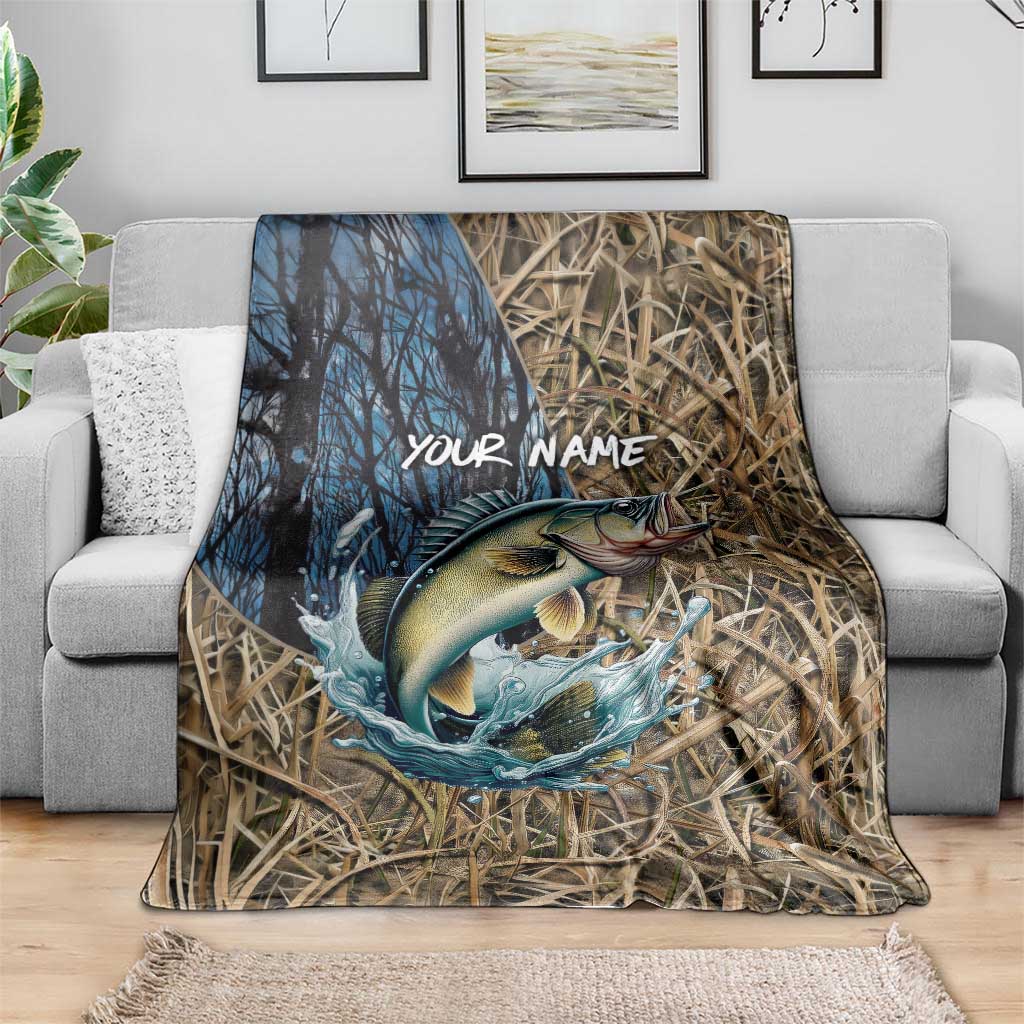 Personalized Walleye Splash Blanket Camo Reeds and Night Forest Fishing Theme TS04