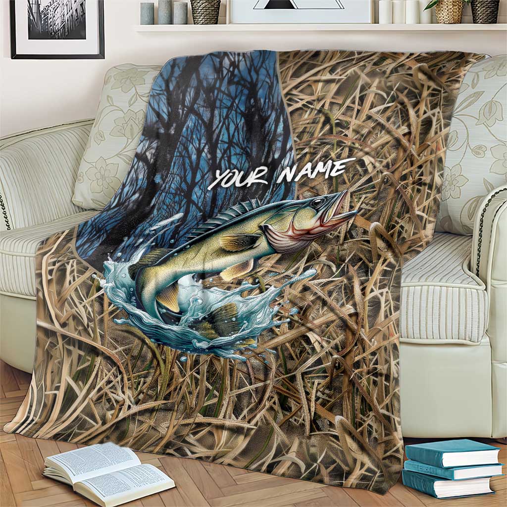 Personalized Walleye Splash Blanket Camo Reeds and Night Forest Fishing Theme TS04