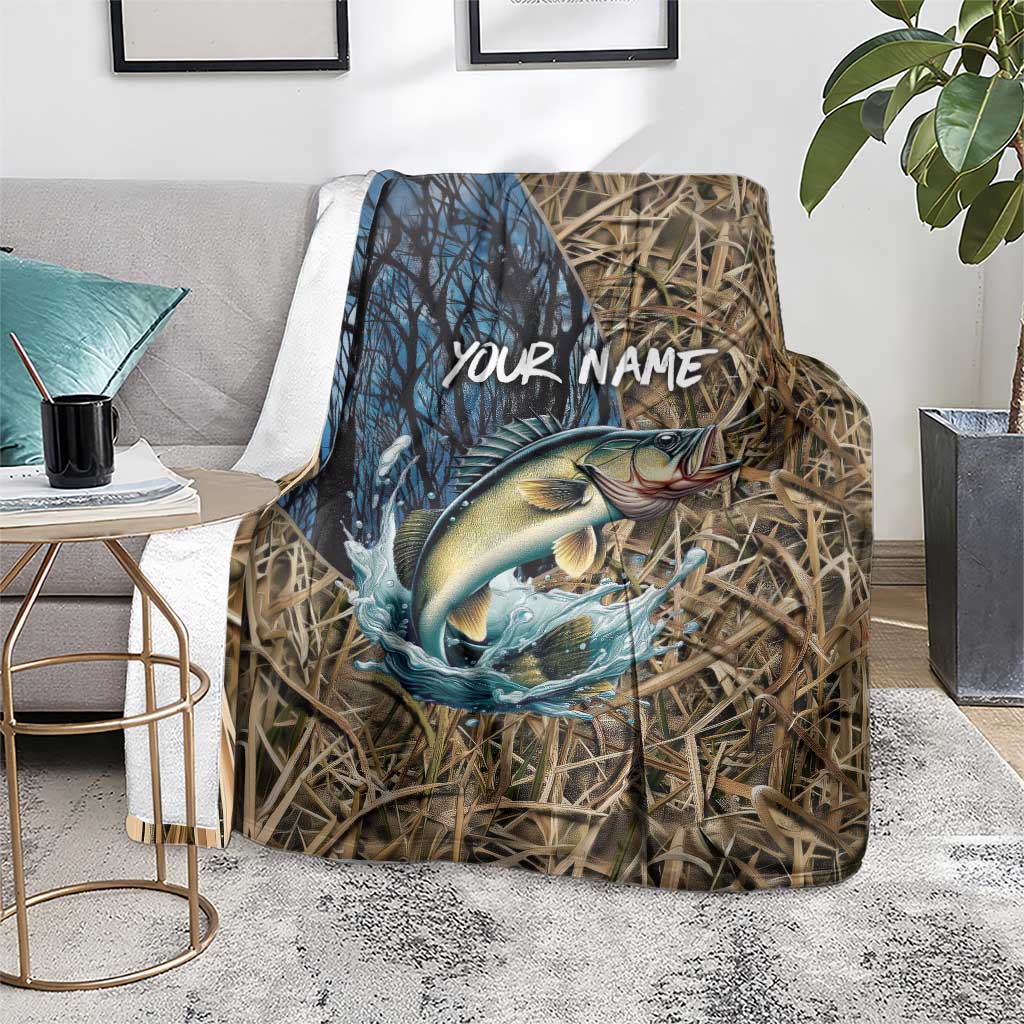 Personalized Walleye Splash Blanket Camo Reeds and Night Forest Fishing Theme TS04