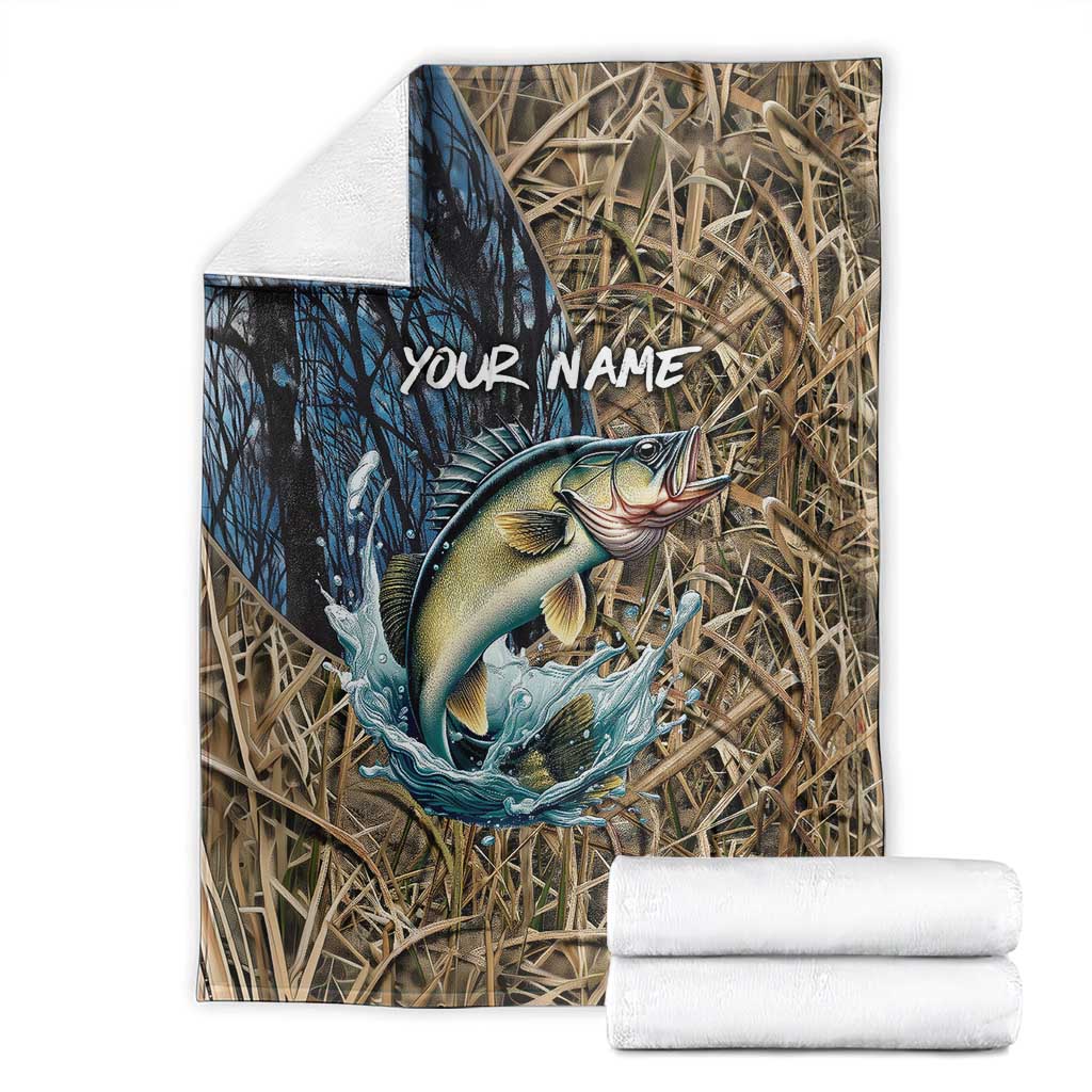Personalized Walleye Splash Blanket Camo Reeds and Night Forest Fishing Theme TS04