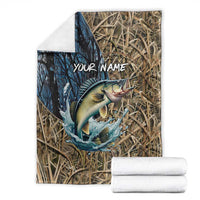 Personalized Walleye Splash Blanket Camo Reeds and Night Forest Fishing Theme TS04