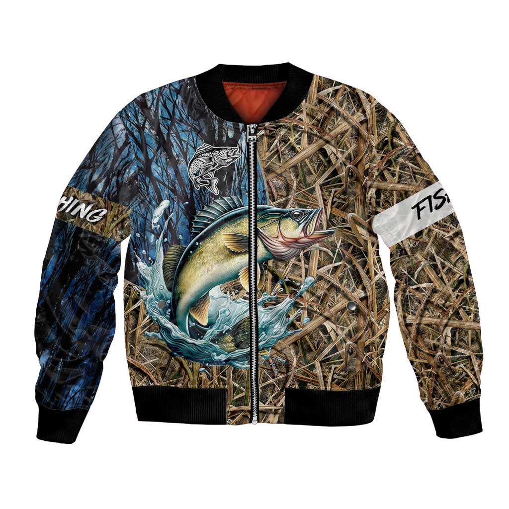 Personalized Walleye Splash Bomber Jacket Camo Reeds and Night Forest Fishing Theme - Wonder Print Shop