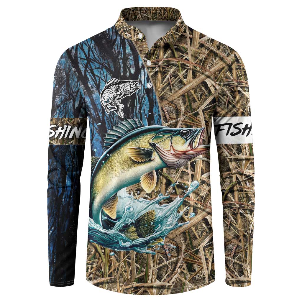 Personalized Walleye Splash Button Sweatshirt Camo Reeds and Night Forest Fishing Theme - Wonder Print Shop
