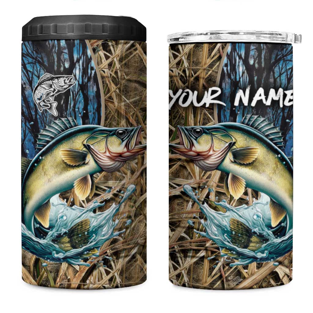 Personalized Walleye Splash 4 in 1 Can Cooler Tumbler Camo Reeds and Night Forest Fishing Theme - Wonder Print Shop