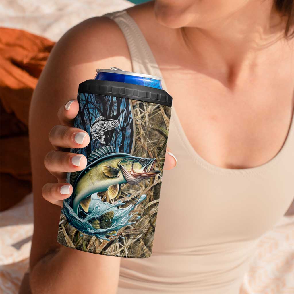 Personalized Walleye Splash 4 in 1 Can Cooler Tumbler Camo Reeds and Night Forest Fishing Theme - Wonder Print Shop