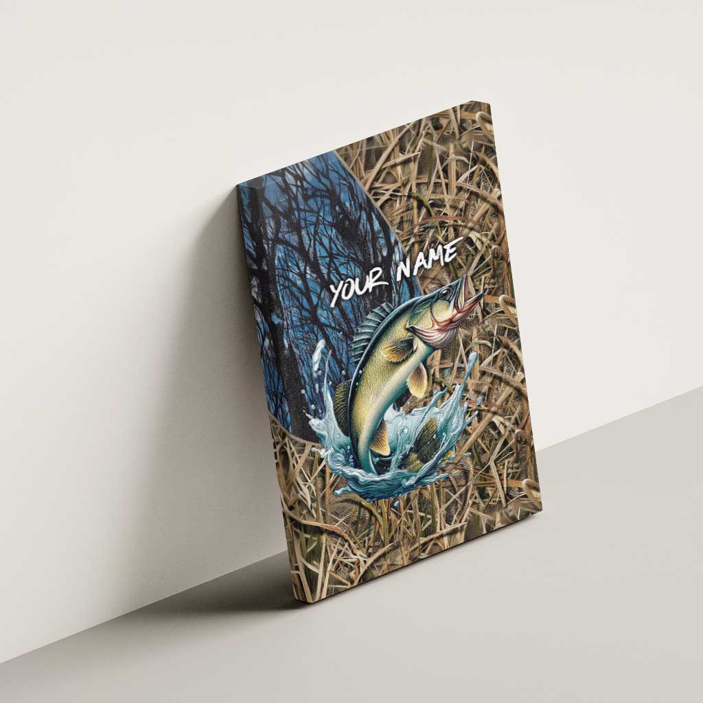 Personalized Walleye Splash Canvas Wall Art Camo Reeds and Night Forest Fishing Theme TS04