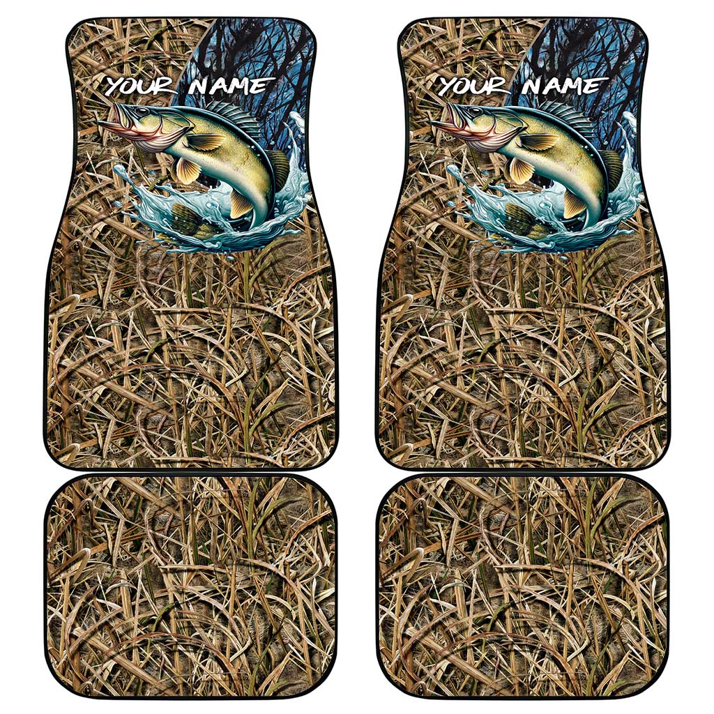 Personalized Walleye Splash Car Mats Camo Reeds and Night Forest Fishing Theme TS04