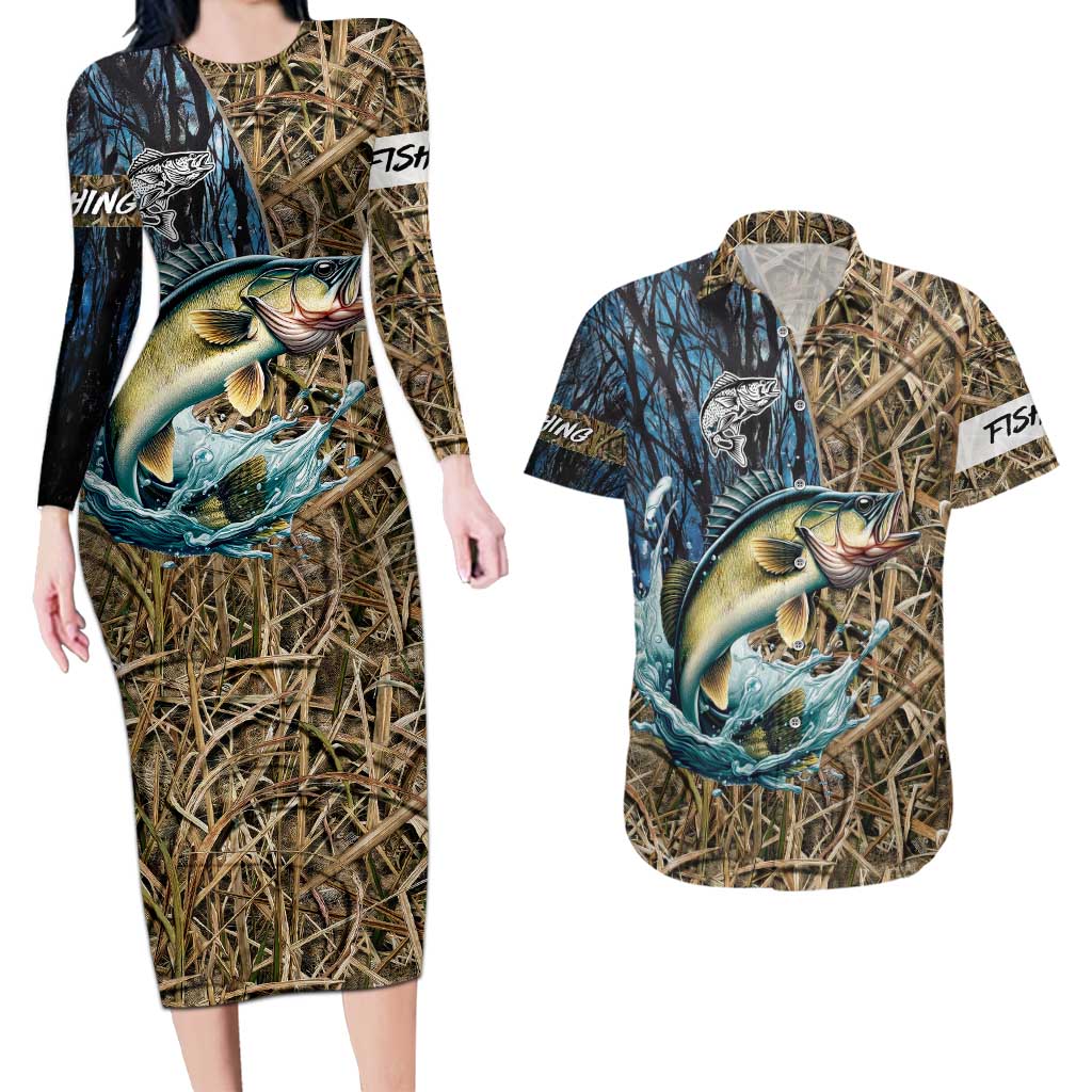 Personalized Walleye Splash Couples Matching Long Sleeve Bodycon Dress and Hawaiian Shirt Camo Reeds and Night Forest Fishing Theme - Wonder Print Shop