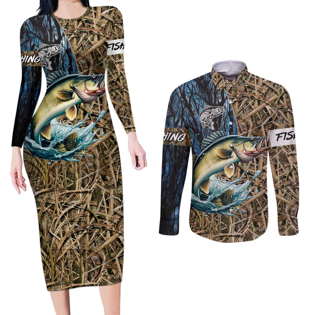 Personalized Walleye Splash Couples Matching Long Sleeve Bodycon Dress and Long Sleeve Button Shirt Camo Reeds and Night Forest Fishing Theme - Wonder Print Shop