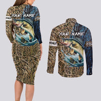 Personalized Walleye Splash Couples Matching Long Sleeve Bodycon Dress and Long Sleeve Button Shirt Camo Reeds and Night Forest Fishing Theme - Wonder Print Shop