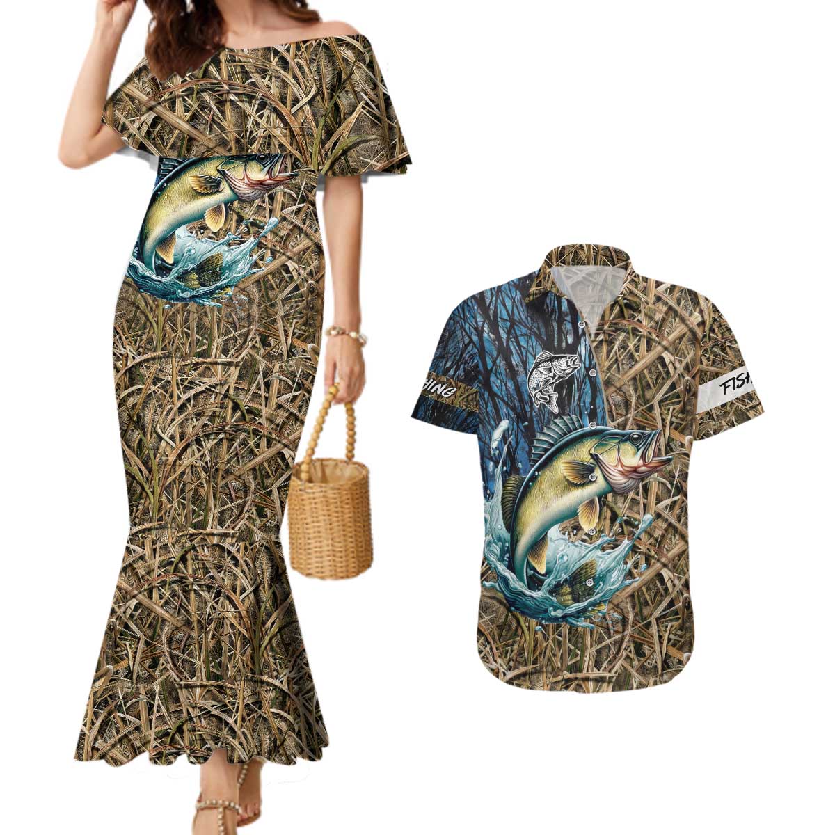 Personalized Walleye Splash Couples Matching Mermaid Dress and Hawaiian Shirt Camo Reeds and Night Forest Fishing Theme - Wonder Print Shop